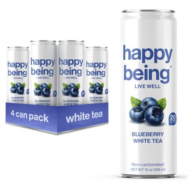 Happy Being Nutrient-Rich Organic Blueberry White Tea – Infused with Turmeric, Elderberry, Vitamin D3, Caffeine Free, Plant-Based, Low Calorie & Low Sugar Drinks, 12oz (4 Pack)