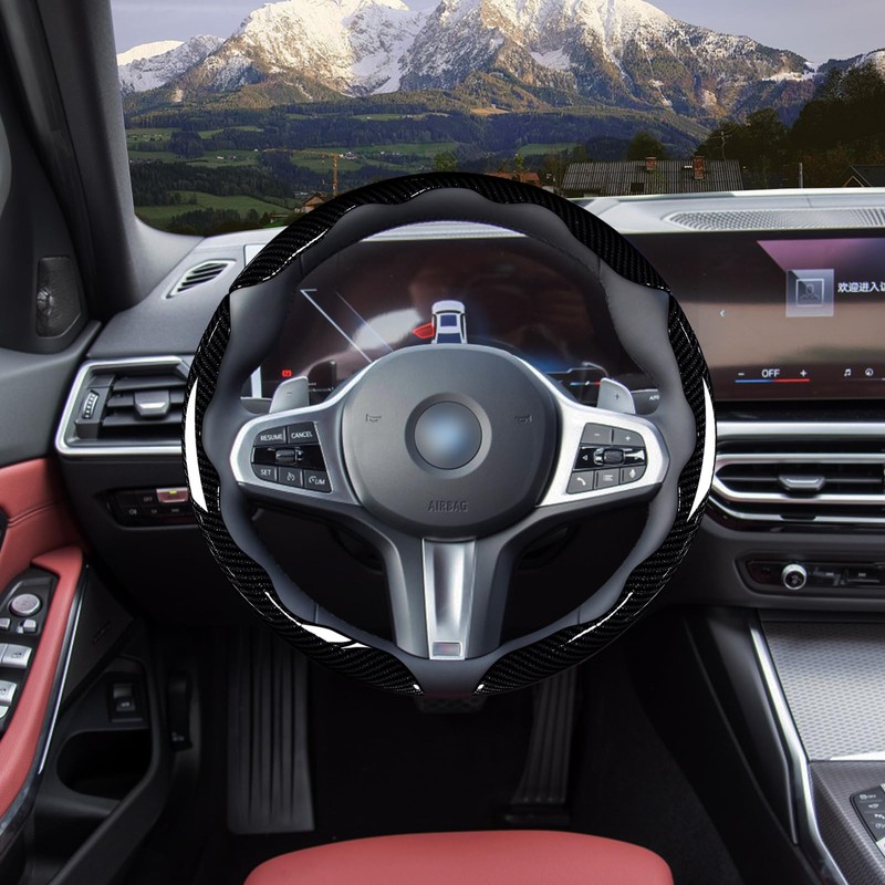 Car Steering Wheel Cover Set Bright Carbon Fiber Wrap Non-Slip