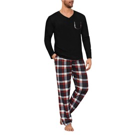 Uniexcosm Mens Pyjamas Set, Pjs for Men Sets Long Sleeve Top & Checked Pants with Pockets Mens Winter Sleepwear Loungewear Nightwear Set for Home Casual Black