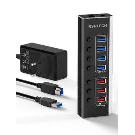 RSHTECH Aluminium USB Hub Active 3.0 with 36 W Power Supply, with 3 x Quick Charging Port, 4 x USB 3.0 Data Ports, 7-Port USB Splitter with 12 V/3 A Power Supply, for Charging and Data Transfer,