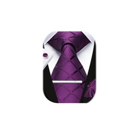 HISDERN Men's Solid Purple Plaid Tie Handkerchief Cufflink Tie Clip Set Formal Wedding Party Gifts Tie and pocket square set