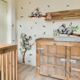 Runtoo Koala on Tree Branch Wall Stickers Peel and Stick Jungle Animal Wall Decals for Kids Room Baby Nursery Decor