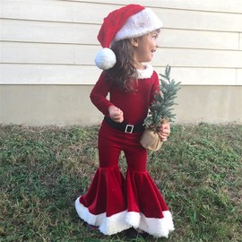 METYOUEZE Toddler Girls Christmas Outfits Long Sleeve Bodysuit Bell Bottom Velvet Pants Xmas Santa Claus Costume Set (3-4T, Red)