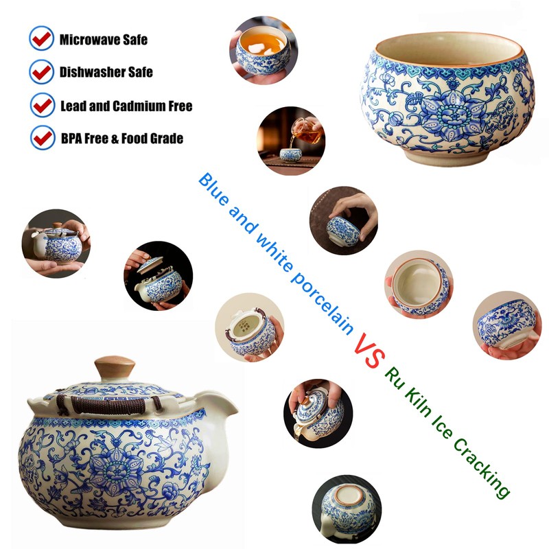 CmengAo Floral Ceramic Hand-held Teapot with 2 Teacups - Blue
