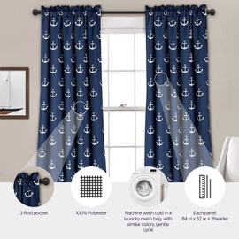 Lush Decor Darkening Window Curtain Set, Navy Anchor Print, 84" x 52"