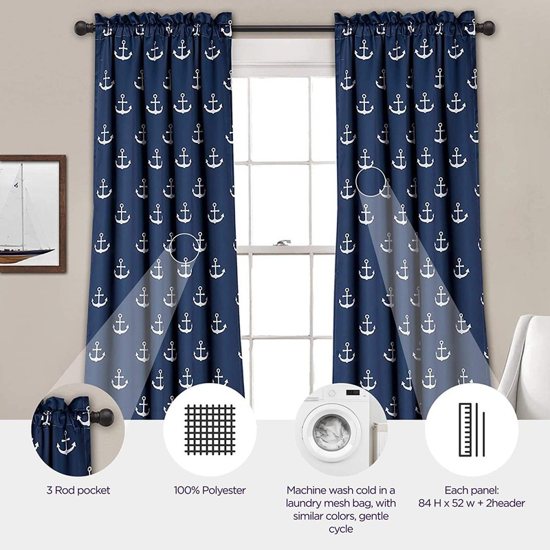 Lush Decor Darkening Window Curtain Set, Navy Anchor Print, 84"