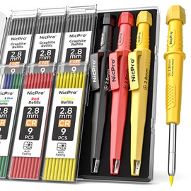 Nicpro 3 Pack CP3000 Carpenter Pencil with Sharpener, Mechanical Carpenter Pencils with 57 Refills, Construction Pencil Heavy Duty Woodworking Pencils for Architect Marking (Red, Black, Yellow)
