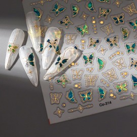 Butterfly Nail Art Stickers Decals Green Blue Butterfly Nail Art with Gold Designs 5D Embossed Stickers for Nails Designs Self Adhesive Nail Art Supplies & Decorations for Women Girls 2 Sheets