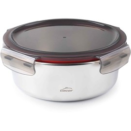 LACOR 64616 Ecoinox Lebensmittelbehälter, rund, Edelstahl 18/10, 1500 ml, geeignet für Mikrowelle, Backofen, Gefrierschrank und Spülmaschine, luftdicht, 4 Clip-Verschlüsse, BPA-frei