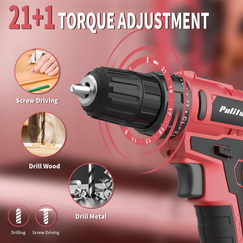 PULITUO 20V Cordless Drill/Driver, 2 Batteries Electric Screwdriver, 30Nm Power
