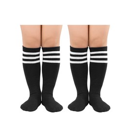 Kids Toddler Youth Cotton Soccer Socks Knee High Soft Tube Socks Long Sport Stockings for Boys Girls 2 Pair Black White 3-6 Years