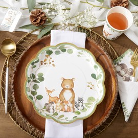Kate Aspen Woodland Baby Shower Decorations; 78-Piece Disposable Party Plates; Cups & Napkins Set for 16 Guests – Adorable Woodland Animals Theme, Table Decor; Birthday; Gender Neutral Party