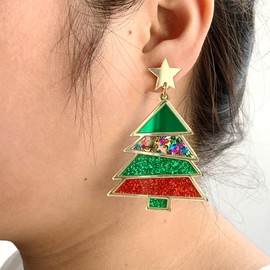 JeanBeau Big Christmas Tree Dangle Drop Earrings for Women Holiday Earrings Sparkly Pink Acrylic Star Resin Xmas Stud Decoration Accessories Jewelry Gift