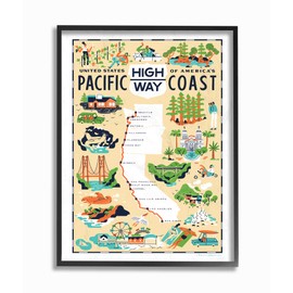Stupell Industries US Pacific Coast Highway Pale Yellow Illustrated Scenic Map Poster XXL Framed Giclee Texturized Art, 24 x 1.5 x 30, Multi-Color