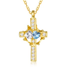 Cubic Zircon Topaz Jewellery April December Birthstone Cross and Crown Necklace for Women Sterling Silver Cross with Crown Necklace 14k Gold Plated Pendant Birthday Jewellery Gifts for Women