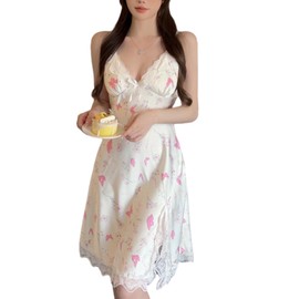 Guo.KK7 Women's Pajamas, Dress, Neglige, Sleepwear, Slit, Thin, Hollow, Color Matching, Splicing, Lace, Chiffon Chest, Camisole, Embroidered, Romantic Gown, See-through, Sexy, Fashion, Spring, pink