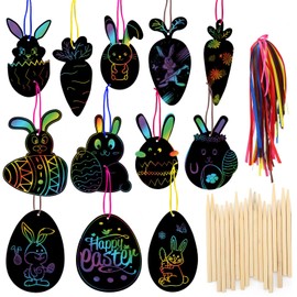 HOWAF 36-Piece Novelty Easter Scratch Picture Pendant Easter Egg Rabbit Scratch Art for Children Easter Crafts Paint Easter Gifts for Kids Boys Girls with Wooden Pins.