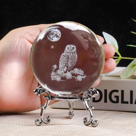 3D Laser Engraved Crystal Ball with Stand Crystal Owl Figurines Home Decor Glass Sphere Globe Paperweight Gifts for Women Kids(2.4 in)