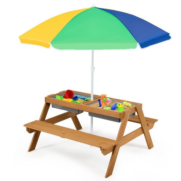 Costzon Kids Picnic Table, 3 in 1 Sand & Water Table w/Height Adjustable Umbrella, Removable Tabletop, Children Outdoor Toy Playset w/2 Play Boxes, Wooden Convertible Activity Play Table (Colorful)