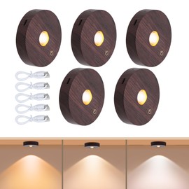 Angestlite Rechargeable Puck Lights, 3 Color Temp & Dimmable Under Cabinet Lighting, Magnetic Battery Operated Closet Light, No Wiring Needed, 2W, 70 Lumens (5 Pack, Woodgrain)