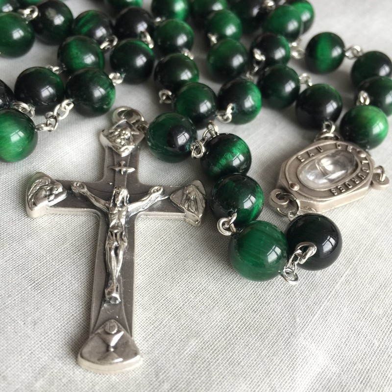elegantmedical HANDMADE 10MM green Tiger Eye Bead Rosary CROSS catholic