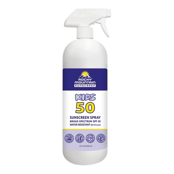 Rocky Mountain Sunscreen KIDS SPF 50 SPRAY | Broad Spectrum UVA/UVB Protection | Hawaii 104 Reef Act Compliant (Oxybenzone & Octinoxate Free) | Water Resistant 80 Min. | Quart with Sprayer (32 FL OZ)