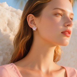 Jean Beau Pink Flower Stud Earrings for Women, Sparkly Rhinestone Cubic Zirconia Petal Gold plated Cute Jewelry Gift