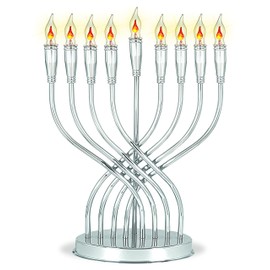 Aviv Judaica Large Branched Electric Menorah Chrome-Plated Polished 15" Tall x 12.5" Wide Hanukkah Menorah with 9 Flickering Lights Flameless Chanukiah for Offices Banks, or Homes