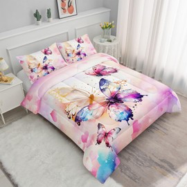 Datura home Kids Comforter Set Butterflies Printed Pattern Bedding Set with 1 Comforter and 2 Pillowcases for Girls Boys Bedroom All Season(Butterflies1 Full)