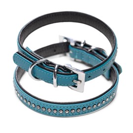 Audrey Genuine Leather Dog Collar with Rhinestones/Crystal, Sparkling Dog and Cat Collar Made of Padded and Double-Layer Buffalo Leather, Audrey Leather Collar (M (24.5-32.5 cm), Turquoise)