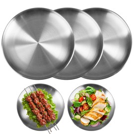 Pack of 3 Stainless Steel Plates, 20 cm Camping Plates, Stainless Steel Silver Round Stainless Steel Plates, Robust, Non-Toxic, Dishwasher Safe Stainless Steel Tableware, Ideal for Restaurants