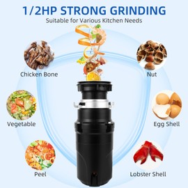 GarveeTech Garbage Disposal 1/2 Hp, Continuous Feed Noise Insulation Food Waste Disposal, Stainless Steel 3 Stage Grinding, With Dishwasher Connection, Splash Guard, Elbow, for Kitchen Sink, Black