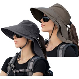 29 IYEBRAO Pack of 2 Women's Sun Hat with Neck Protection UV Protection Wide Brim Ponytail Summer Hat UPF 50 Adjustable Beach Fishing Hat Fishing Hat Garden Outdoor Hat, 2 pieces-dark grey & army
