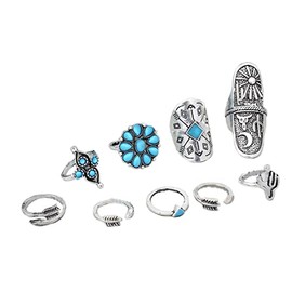 Fuqimanman2020 Bohemian Western Turquoise Oval Geometric Stackable Rings Set Midi Crystal Gemstone Knuckle Flower Carved for Women Holiday Beach Summer Boho Jewelry-C