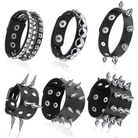 Flutesan 6-Piece Punk Studded Bracelet Set, Black Leather Rivets Cuff for Men Women
