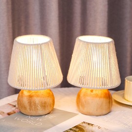 TRIROCKS Set of 2 Woven Cotton Rope Table Lamp - 8'' Tall Cordless Battery Powered Lamps with Wooden Base Boho Lamps Great for Living Room Bedroom Weddings Parties Patio Events