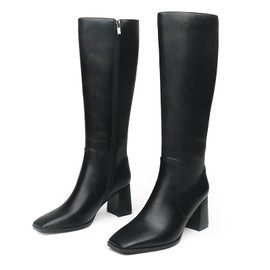 JOY IN LOVE Knee High Boots Women Chunky Block Heel Square Toe Zipper Boots Black Matte US6.5