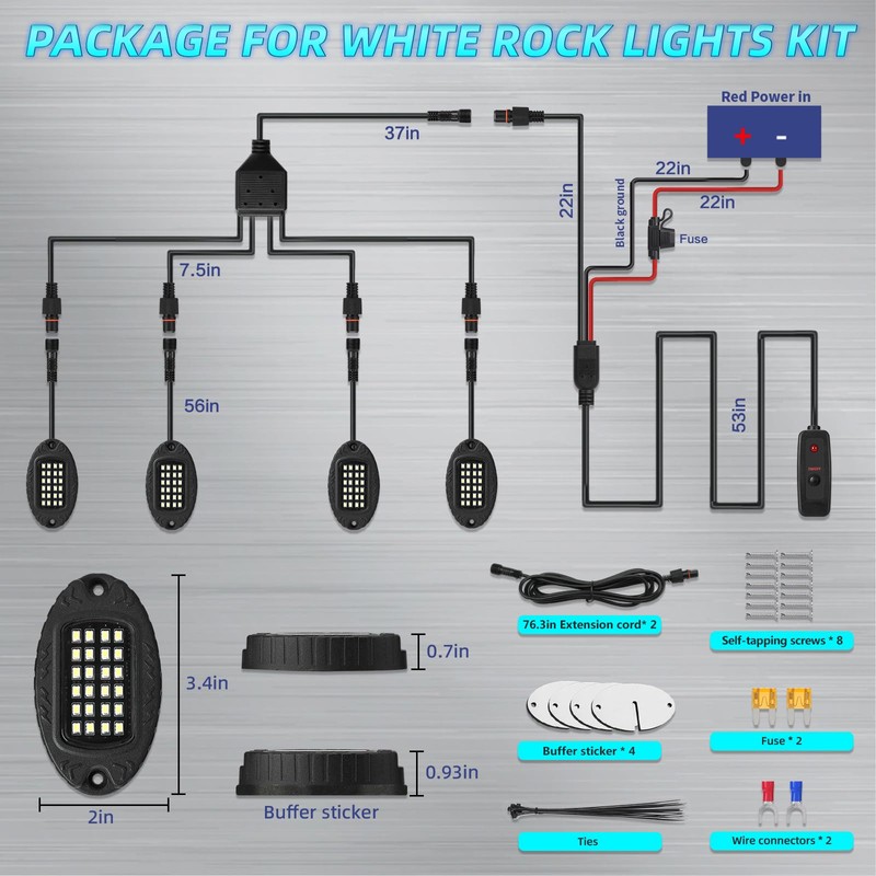 4Pods Metal Pure White LED Rock Lights Kit with Switch