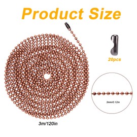 120in Ceiling Fan Pull Chain, 3mm Premium Metal Light Roller Blind Beaded Pull Chain Extension with 20pcs Connectors Practical Accessories for Light Fixture DIY Crafts (Red Bronze)
