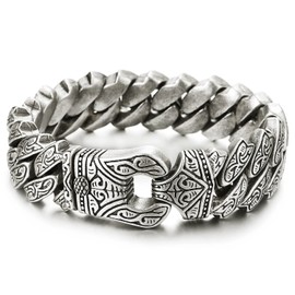 Mens Old Metal Vintage Silver Color Steel Fancy Curb Chain Bracelet with Tribal Tattoo Pattern Retro (CA)