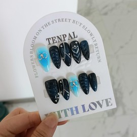 TENPAL Medium Almond Press on Nails,Metallic Blue Nails with 3D Hand-Painted Bows & Hearts | Rhinestone & Steel Bead Decor, Acrylic Soft Gel Fake Nails with 10pcs M Size,Chic False Nails for Girls