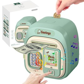 ATM Electronic Money Box, ATM Saving Bank, Children's Electronic Safe Money Box with Fingerprint, with Music, ATM Electronic Coin Money Bank Money Boxes for Children, for 3-10 Years (Green)
