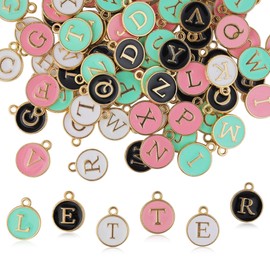 Demearly 104 PCS Enamel Alphabet Initial Charms A-Z Double-Sided Flat Round Letter Charms for Jewelry Making, Bag, Bracelets, Keychains, DIY Gifts, Crafts (White, Black, Cyan-blue, Pink)