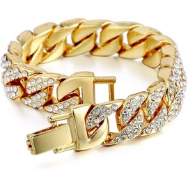 Mens Womens CZ Miami Cuban Link Hip Hop Iced Out Curb Cuban Bracelet with Clear Rhinestones (Gold)