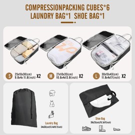 8 Set Compression Packing Cubes for Travel, Expandable Luggage Organizer with Shoe Bag & Laundry Bag - Lightweight Suitcase & Backpack Travel Essentials (Black)