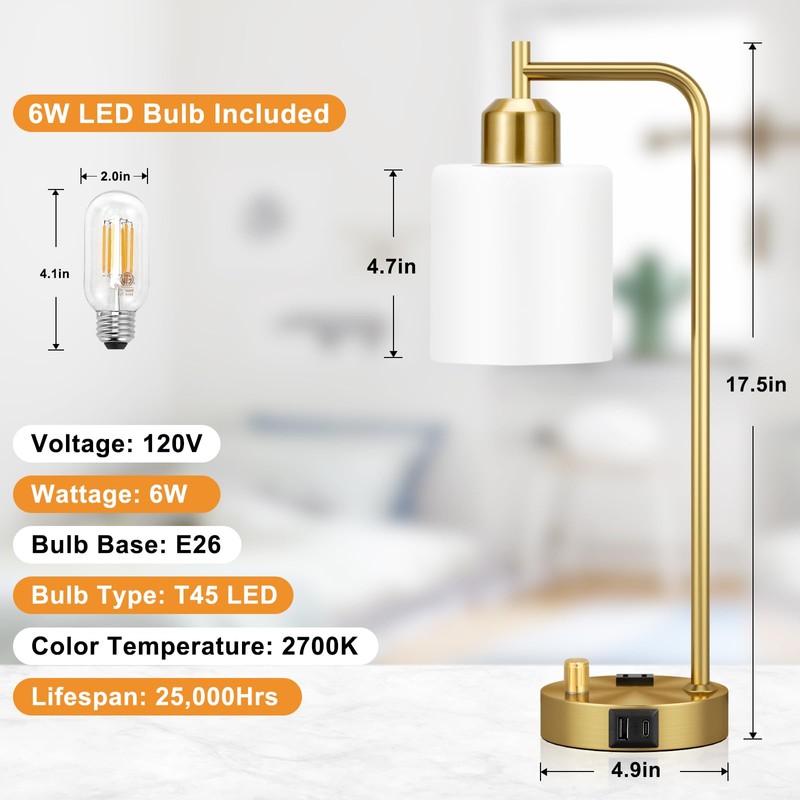 Innqoo Gold Lamp for Bedroom - Industrial Bedside Table Lamp