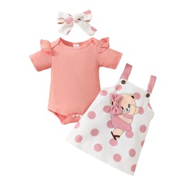 Asmea Baby Clothing Girls Newborn Clothes Ruffle Baby Romper Baby Suspenders Skirt Clothing Sets for Baby Girls Baby Gift Girls Baby Clothing Girls 0-18 Months, Bear Pink, 3 - 6 months