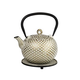 Frieling Ja By Dim Cast Iron Teapot and Trivet with Stainless Steel Infuser - White/Gold - 34 Ounce - Teapot with Infuser - Cast Iron Tea Kettle and Trivet - Cast Iron Pot - Tea Kettle Stovetop