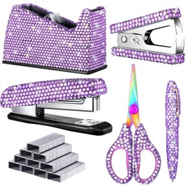 Yunlly 6 Pack Bling Office Stationery Set Desk Accessory Office Set Includes Pen Scissor Stapler Staple Remover 1000 Pcs Staples Tape Dispenser with Diamond Inlay for Office Home Desk (Purple)
