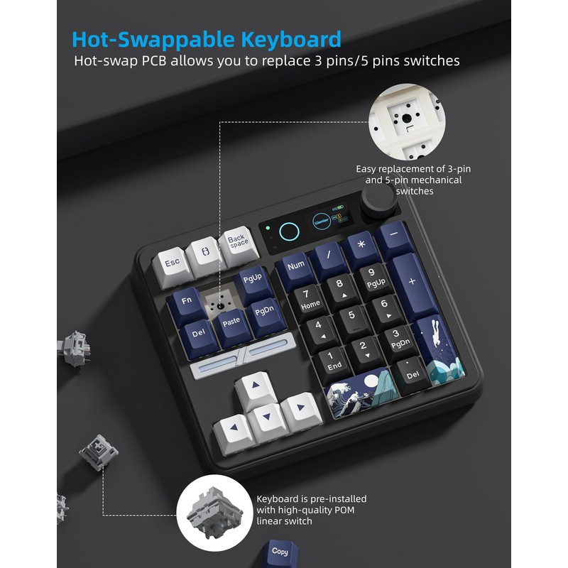 Womier SK30 Mechanical Numpad, Mini Keyboard with Screen & Knob,Black